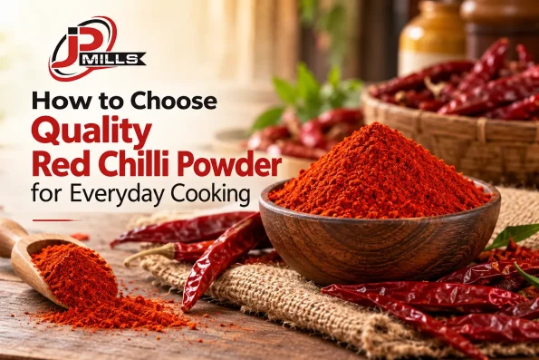 J.P. Mills red chilli powder with dried red chillies, illustrating how to choose quality red chilli powder for everyday cooking.